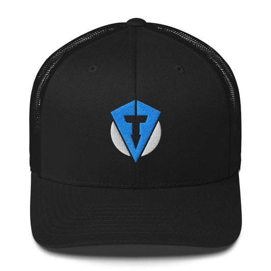 Black Fourteefore pro trucker golf cap with bright blue and white embroidered logo in the centre of the front panel