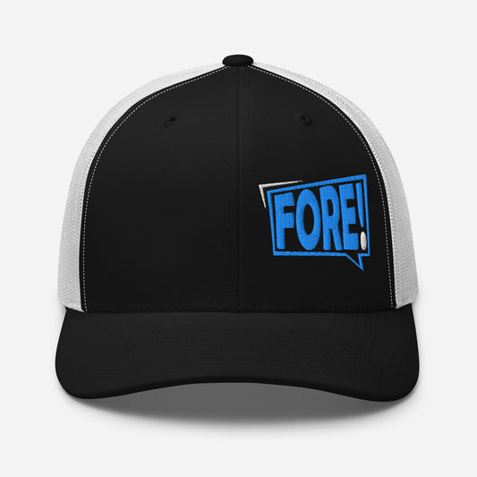 Black and white golf streetwear causal trucker cap with bolt graphic FORE! embroidered in bright blue and white on the left front panel. Front view