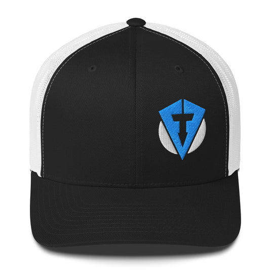 Black and white Fourteefore weekend warrior golf trucker cap with bright blue and white embroidered FTF logo on the left front panel