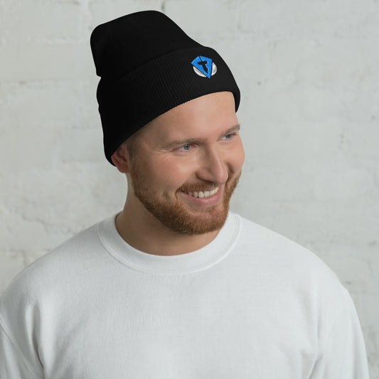 Black cuffed knit beanie with Side view of FourteeFore black cuffed beanie showing premium knit texture and structured folded cuff design on a male model