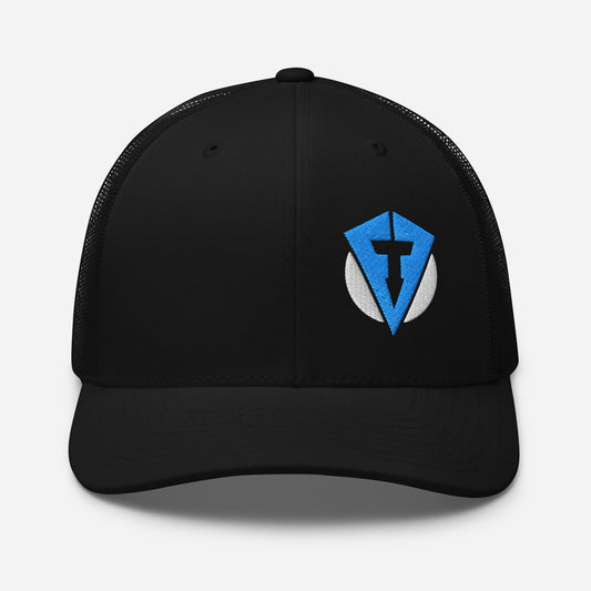 Black Fourteefore weekend warrior golf trucker cap with bright blue and white embroidered FTF logo on the left front panel