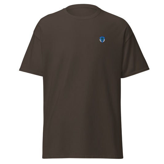 Front view of brown Fourteefore tree lined fairway causal golf streetwear t-shirt with colorful bold mountain and tree lined fairway graphic on the back, small FTF logo embroidered on left chest. Casual everyday golf streetwear by fourteefore