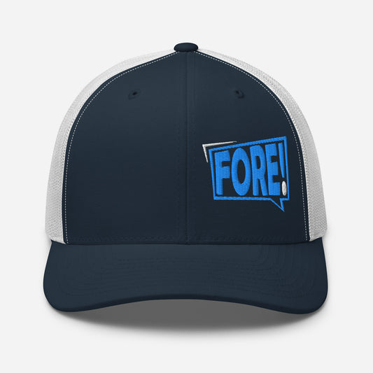 Navy and white golf streetwear causal trucker cap with bolt graphic FORE! embroidered in bright blue and white on the left front panel.