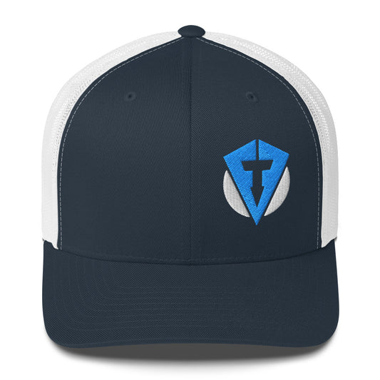 Navy blue and white Fourteefore weekend warrior golf trucker cap with bright blue and white embroidered FTF logo on the left front panel