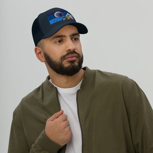Male model wearing a casual navy blue golf streetwear hat and green jacket against a plain background. Casual everyday golf streetwear cap by fourteefore for on and off the course