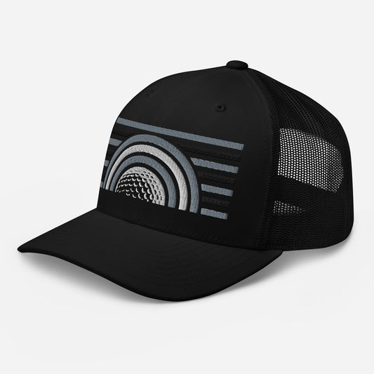 Main image of Moon Ball Black golf streetwear Trucker Cap front view with embroidered golf moon ball logo, golf streetwear accessory. Casual everyday golf streetwear cap by fourteefore for on and off the course