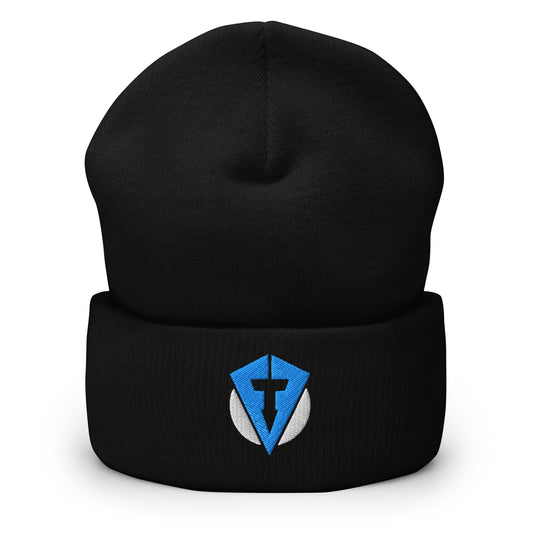 Black cuffed knit beanie with FourteeFore logo patch on front, minimalist unisex golf streetwear winter hat.