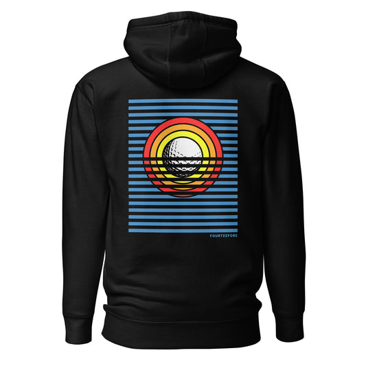 Main image of Black sun up fourteefore casual everyday streetwear golf hoodie with a bold colorful graphic golf ball sun rise design on the back with a small FTF logo embroidered on the left chest. Casual everyday golf streetwear by fourteefore