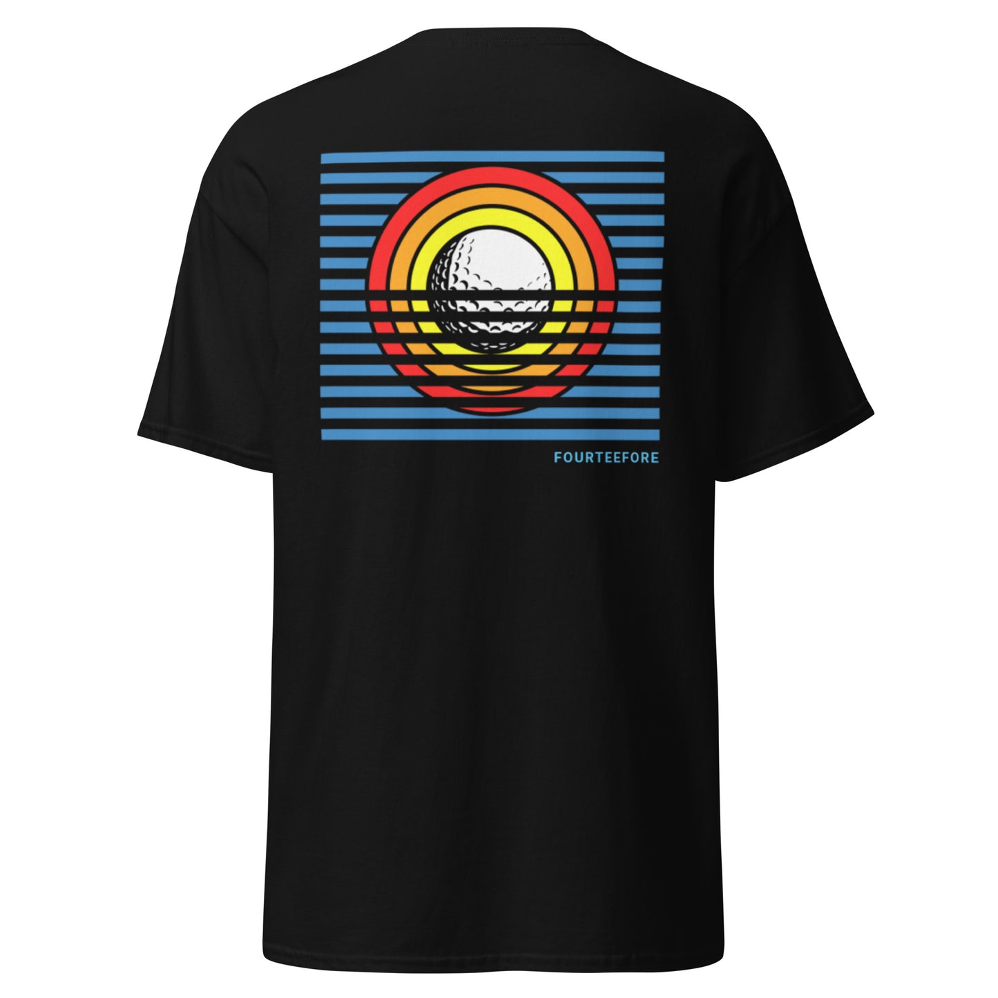 Main image of Black Sun Up golf streetwear casual everyday t-shirt.  Bold colourful graphic sunrise design featuring a golf ball as the sun with yellow, orange and red rings and striking blue lines. Casual everyday golf streetwear by fourteefore