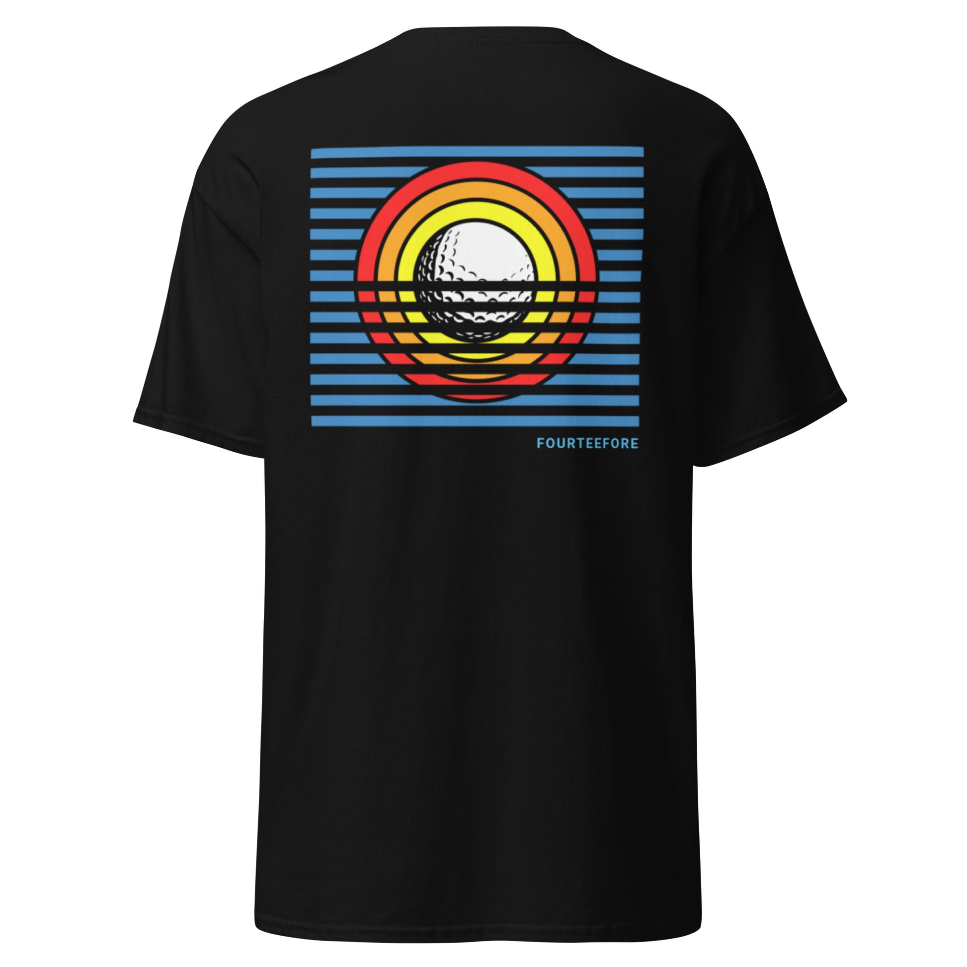 Main image of Black Sun Up golf streetwear casual everyday t-shirt.  Bold colourful graphic sunrise design featuring a golf ball as the sun with yellow, orange and red rings and striking blue lines. Casual everyday golf streetwear by fourteefore