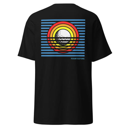 Main image of Black Sun Up golf streetwear casual everyday t-shirt.  Bold colourful graphic sunrise design featuring a golf ball as the sun with yellow, orange and red rings and striking blue lines. Casual everyday golf streetwear by fourteefore