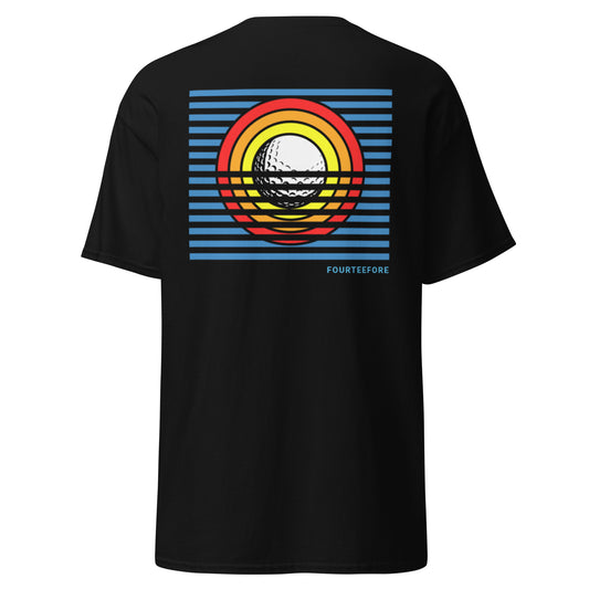 Main image of Black Sun Up golf streetwear casual everyday t-shirt.  Bold colourful graphic sunrise design featuring a golf ball as the sun with yellow, orange and red rings and striking blue lines. Casual everyday golf streetwear by fourteefore
