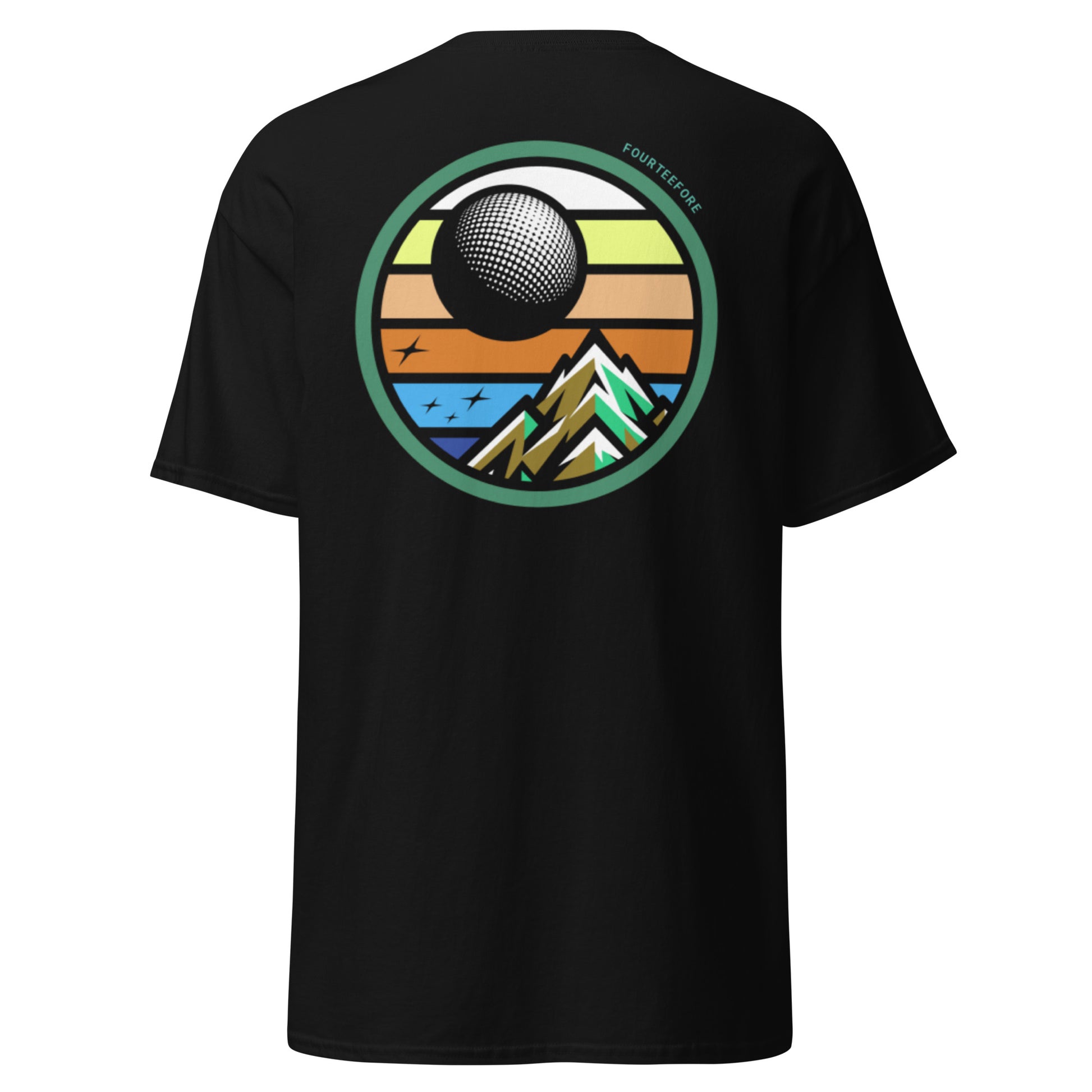 main image of Black twilight golf Fourteefore casual everyday golf streetwear cotton t-shirt with a bold colorful graphic of a mountain, moon and stars at dusk on the back with a small FTF logo embroidered on the left chest. 
