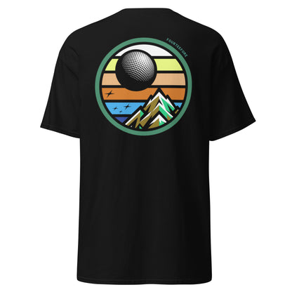 main image of Black twilight golf Fourteefore casual everyday golf streetwear cotton t-shirt with a bold colorful graphic of a mountain, moon and stars at dusk on the back with a small FTF logo embroidered on the left chest. 