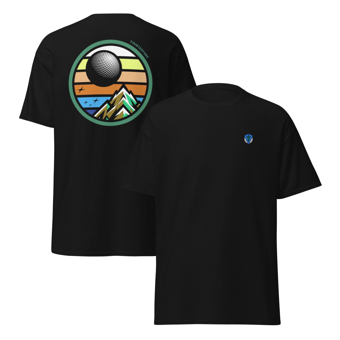 Black twilight golf Fourteefore casual everyday golf streetwear cotton t-shirt with a bold colorful graphic of a mountain, moon and stars at dusk on the back with a small FTF logo embroidered on the left chest