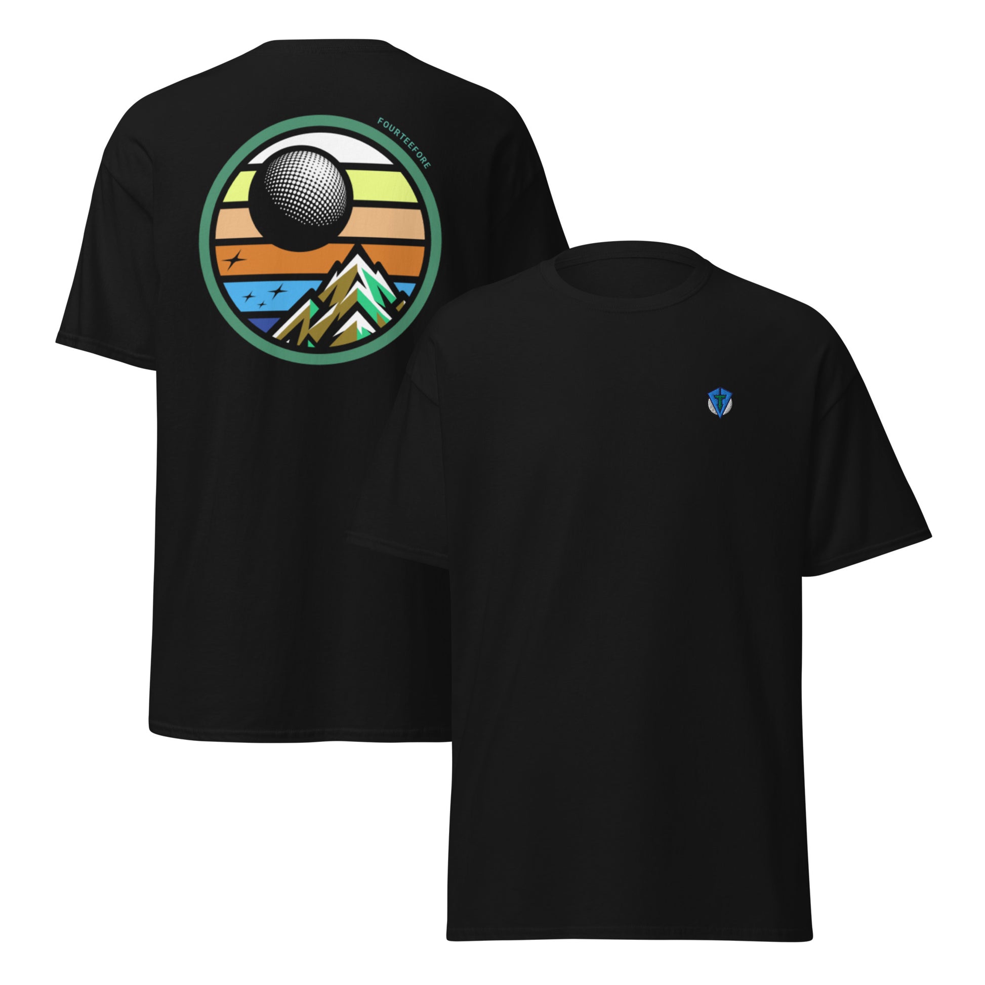 Black twilight golf Fourteefore casual everyday golf streetwear cotton t-shirt with a bold colorful graphic of a mountain, moon and stars at dusk on the back with a small FTF logo embroidered on the left chest