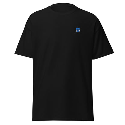Black twilight golf Fourteefore casual everyday golf streetwear cotton t-shirt with a bold colorful graphic of a mountain, moon and stars at dusk on the back with a small FTF logo embroidered on the left chest