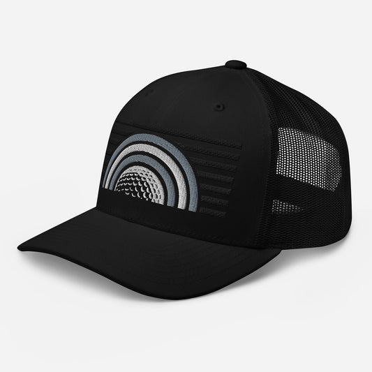 Main image of Moon Ball Stealth Black golf streetwear Trucker Cap front view with embroidered golf moon ball logo, golf streetwear accessory by fourteefore. Casual everyday golf streetwear cap by fourteefore for on and off the course