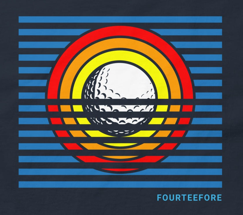 Navy blue t-shirt with a colorful graphic design on the back, featuring the brand 'FOURTEEFORE'. Everyday casual golf streetwear tshirt