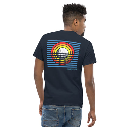 Male model wearing a Navy blue sun up casusal golf streetwear t-shirt with a colorful bold graphic sunrise design on the back, featuring the brand 'FOURTEEFORE'. Embroidered FTF logo on the left chest. Casual everyday golf streetwear by fourteefore