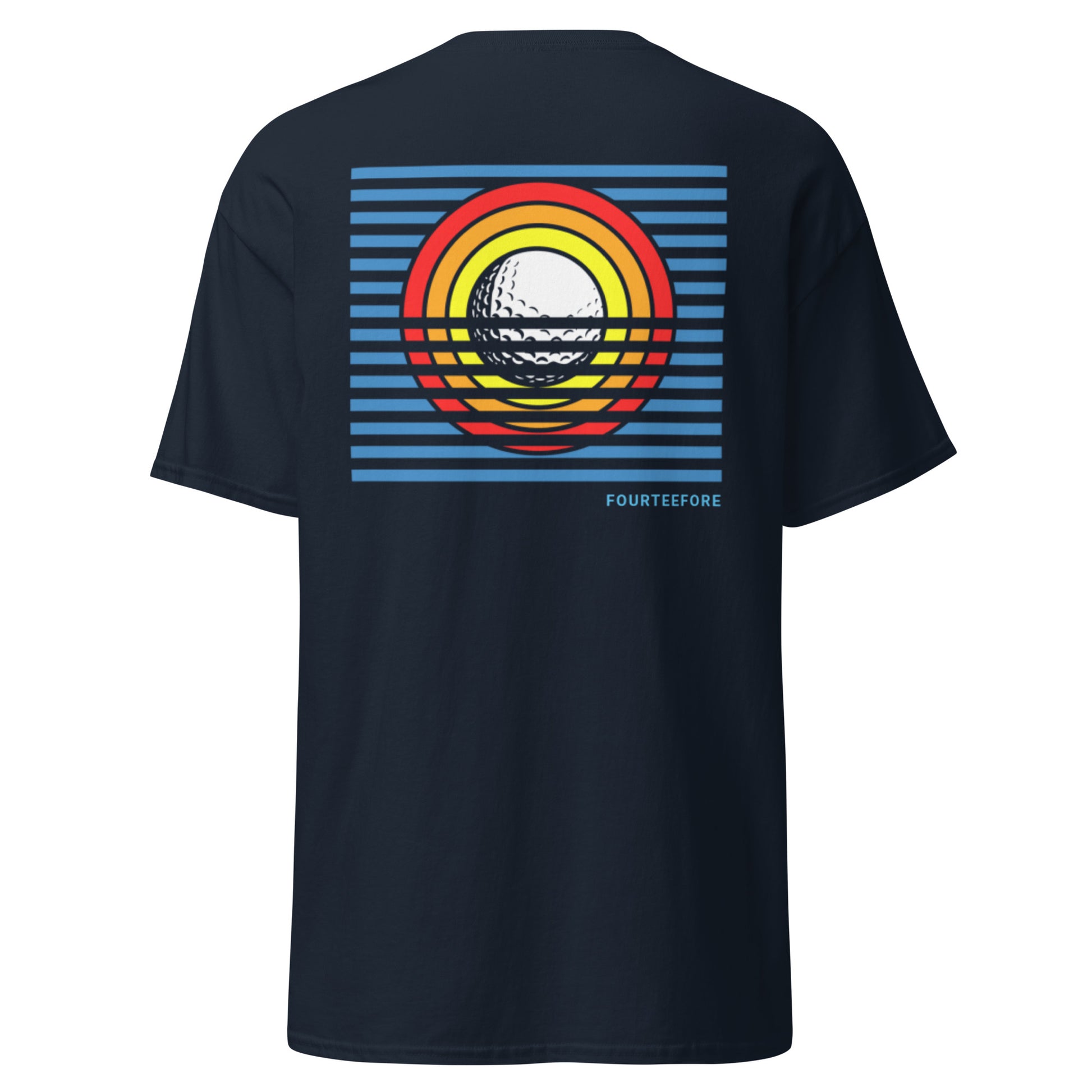 main image of Navy blue sun up casusal golf streetwear t-shirt with a colorful bold graphic sunrise design on the back, featuring the brand 'FOURTEEFORE'. Embroidered FTF logo on the left chest. Casual everyday golf streetwear by fourteefore