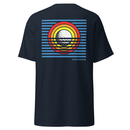 main image of Navy blue sun up casusal golf streetwear t-shirt with a colorful bold graphic sunrise design on the back, featuring the brand 'FOURTEEFORE'. Embroidered FTF logo on the left chest. Casual everyday golf streetwear by fourteefore