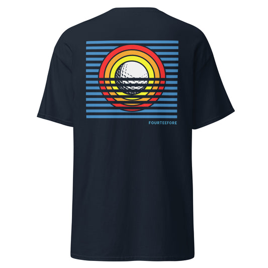 main image of Navy blue sun up casusal golf streetwear t-shirt with a colorful bold graphic sunrise design on the back, featuring the brand 'FOURTEEFORE'. Embroidered FTF logo on the left chest. Casual everyday golf streetwear by fourteefore