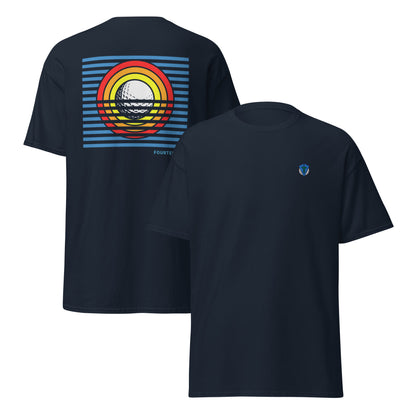 Navy blue sun up casusal golf streetwear t-shirt with a colorful bold graphic sunrise design on the back, featuring the brand 'FOURTEEFORE'. Embroidered FTF logo on the left chest, displayed from front and rear view
