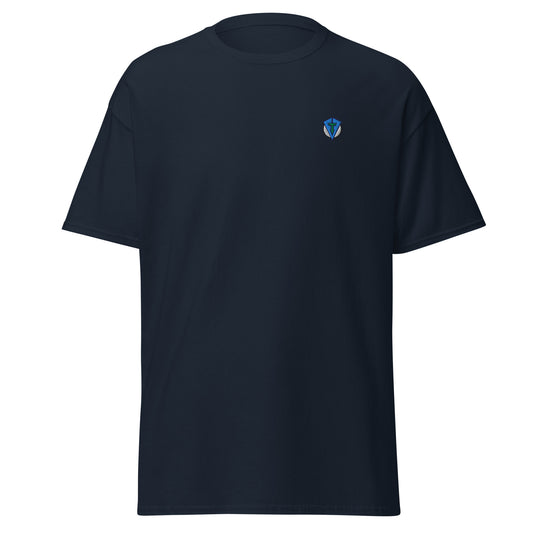 Navy blue sun up casusal golf streetwear t-shirt with a colorful bold graphic sunrise design on the back, featuring the brand 'FOURTEEFORE'. Embroidered FTF logo on the left chest