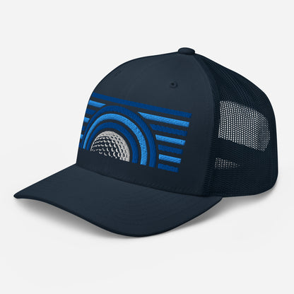 Main image of Navy blue casual streetwear golf trucker cap with blue and white design on a light gray background by fourteefore. Casual everyday golf streetwear cap by fourteefore for on and off the course