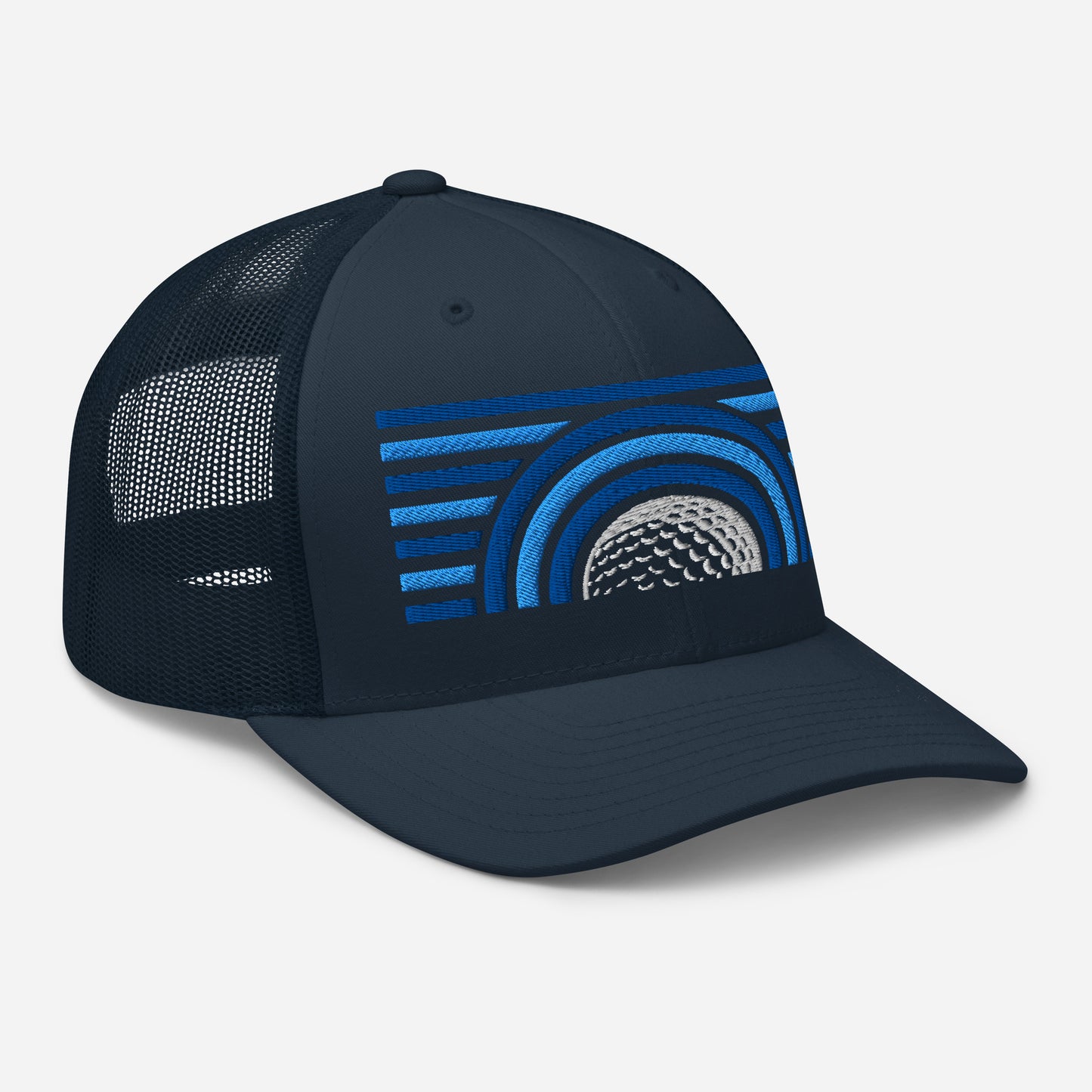Navy blue casual streetwear golf casual headwear with blue and white embroidered design on a light gray background by fourteefore. Casual everyday streetwear by fourteefore