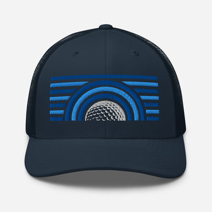 Navy blue casual streetwear golf trucker cap with blue and white design on a light gray background by fourteefore. Casual everyday streetwear by fourteefore