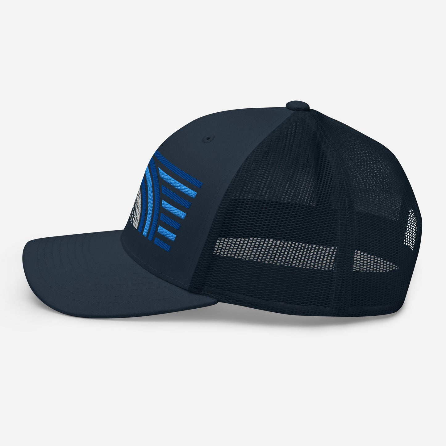 Side profile of Water Ball Navy golf casual Trucker Cap showing structured panel and mesh back design by fourteefore. Casual everyday streetwear by fourteefore