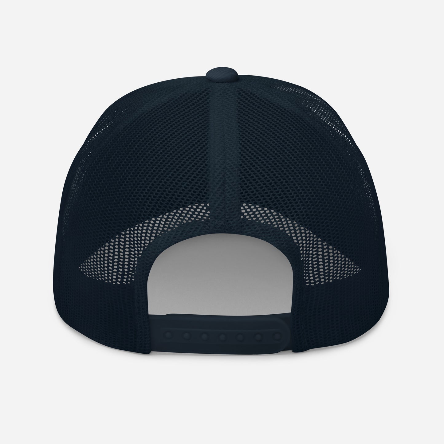Mesh back and adjustable snapback on Water Ball Navy golf Trucker Cap, modern golf streetwear hat. Casual everyday streetwear by fourteefore