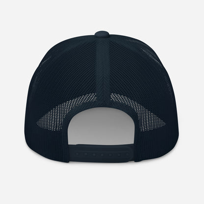 Mesh back and adjustable snapback on Water Ball Navy golf Trucker Cap, modern golf streetwear hat. Casual everyday streetwear by fourteefore