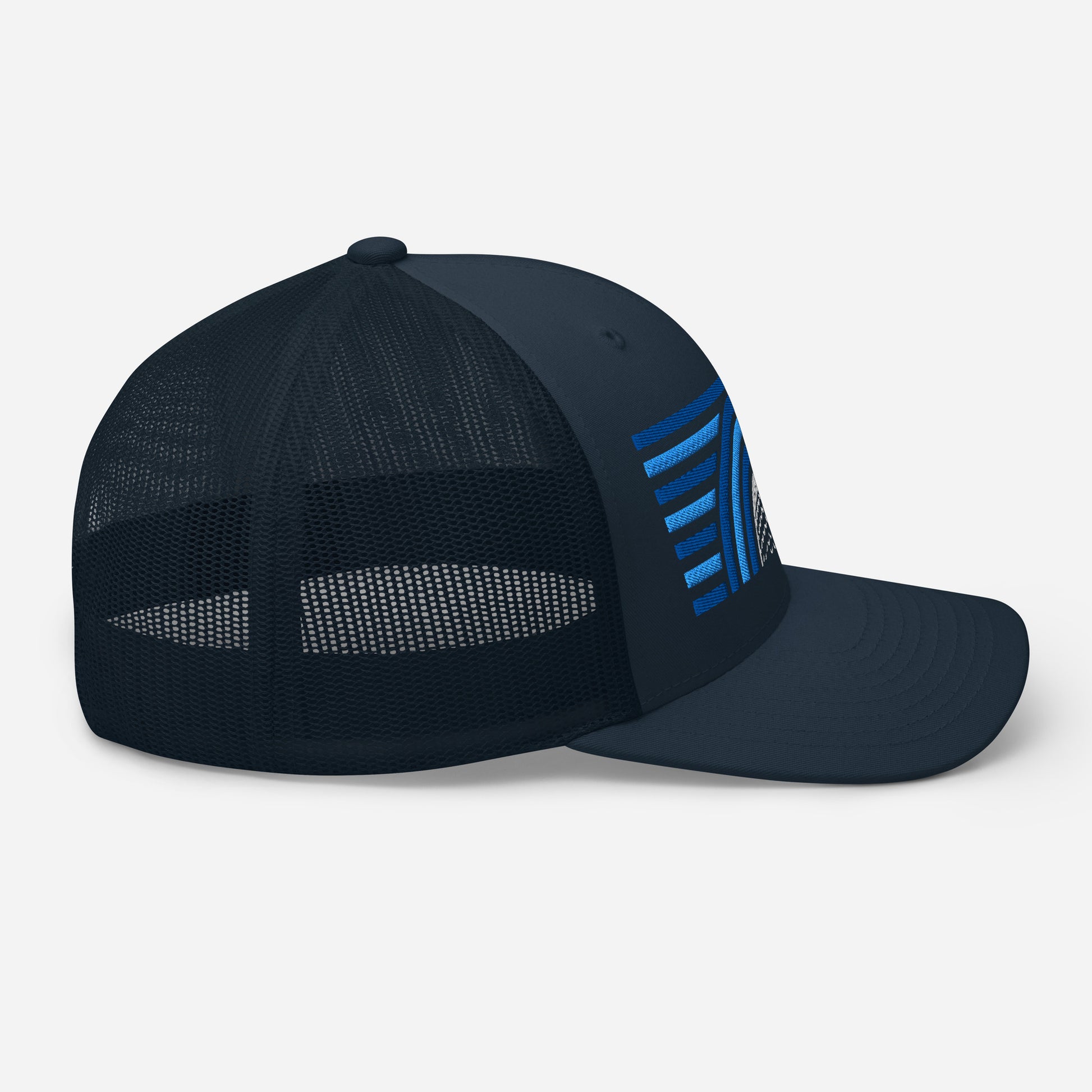 navy blue casual lifestyle modern streetwear golf trucker mesh cap with blue accents on a white background side view from fourteefore. Casual everyday streetwear by fourteefore