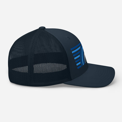 navy blue casual lifestyle modern streetwear golf trucker mesh cap with blue accents on a white background side view from fourteefore. Casual everyday streetwear by fourteefore