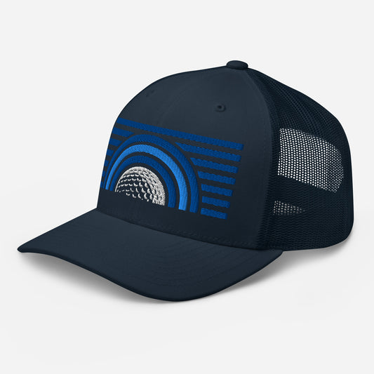 Main image of Water Ball Navy golf streetwear Trucker Cap front view with embroidered water ball logo, navy golf streetwear accessory. Casual everyday golf streetwear cap by fourteefore for on and off the course