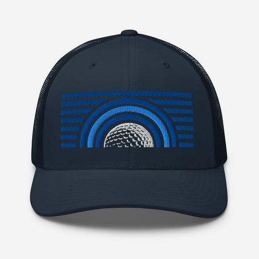 Water Ball Navy modern golf lifestyle Trucker Cap front view with embroidered water ball logo, navy golf streetwear accessory. Casual everyday streetwear by fourteefore