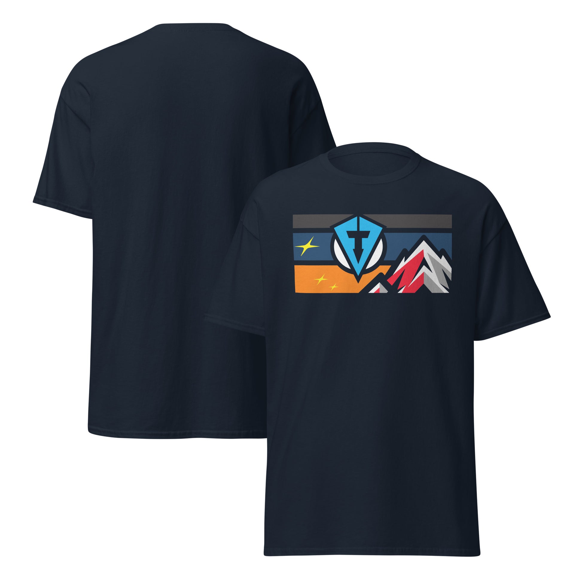 Front and back view of Navy casual everyday golf streetwear t-shirt with colorful graphic design on a white background by fourteefore