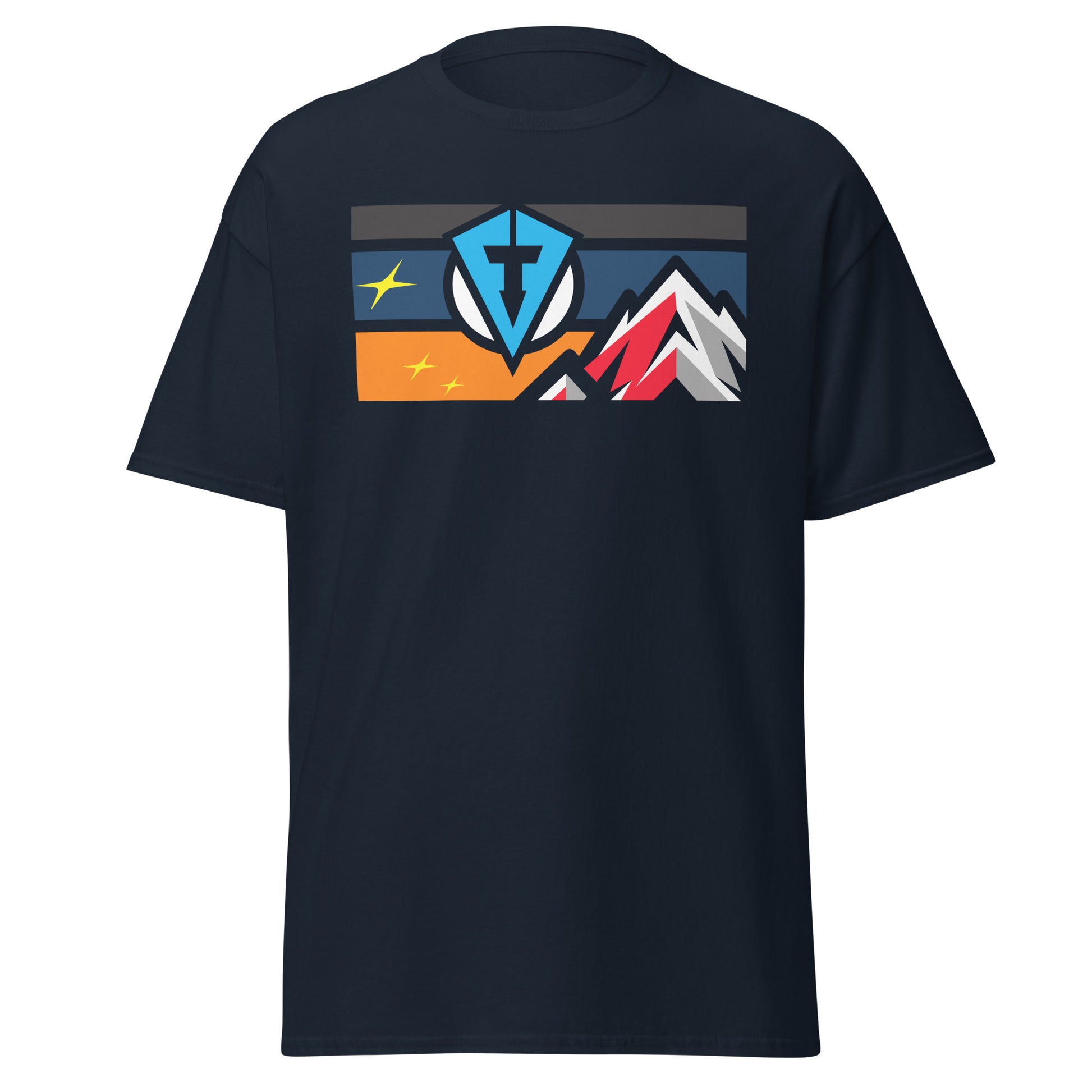 Navy casual everyday golf streetwear t-shirt with colorful graphic design on a white background