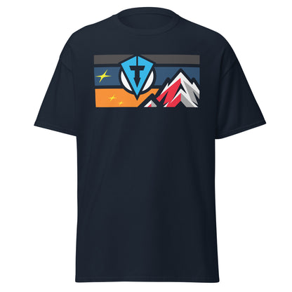 Navy casual everyday golf streetwear t-shirt with colorful graphic design on a white background