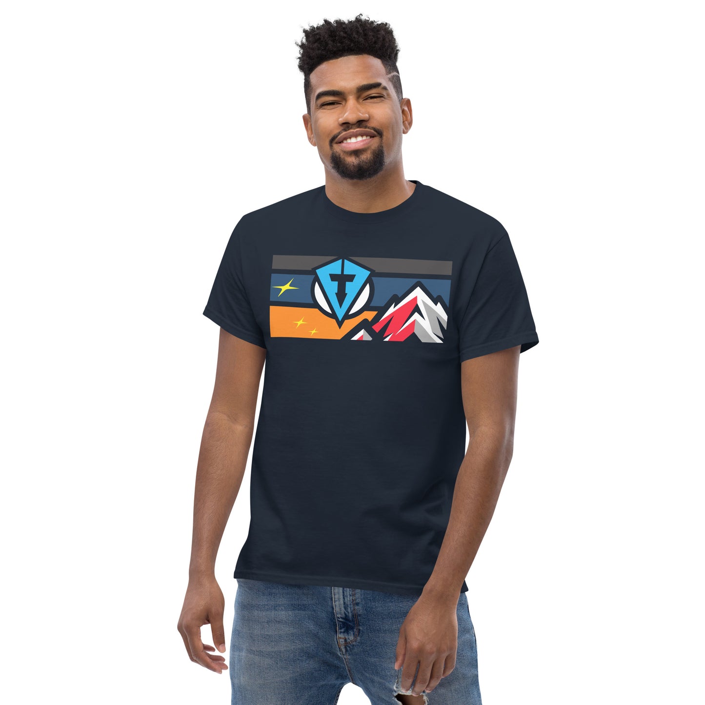 Male model wearing a navy casual everyday golf streetwear cotton t-shirt with a colorful graphic design on a white background