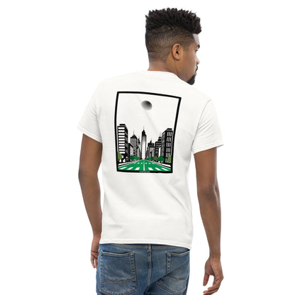 Male model wearing a white casual everyday streetwear golf  t-shirt with a cityscape design on the back, standing against a white background by fourteefore
