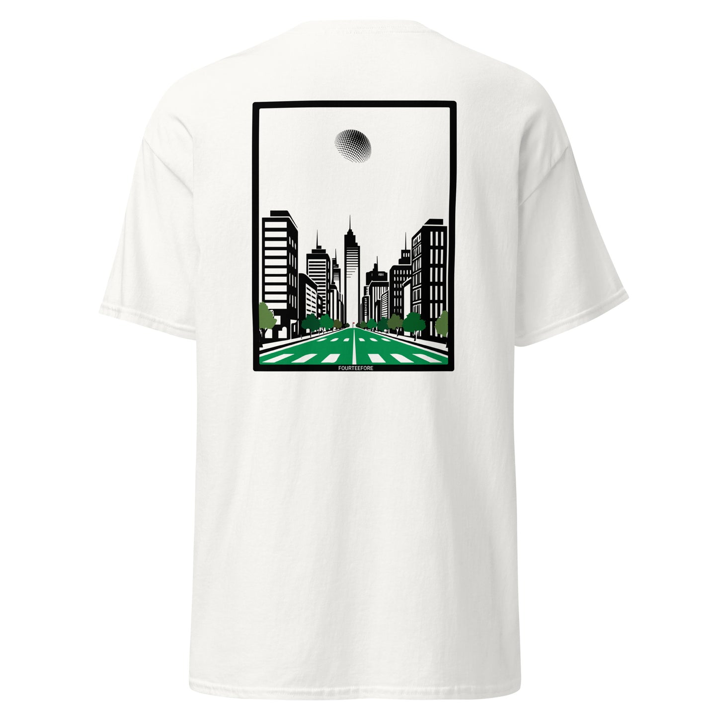 White t-shirt with a cityscape graphic on a white background