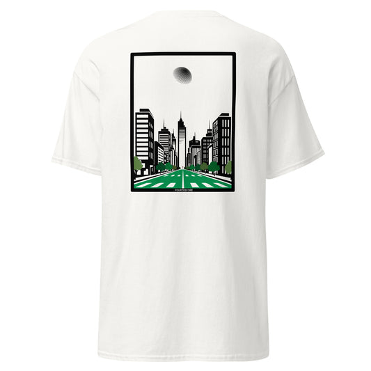White t-shirt with a cityscape graphic on a white background