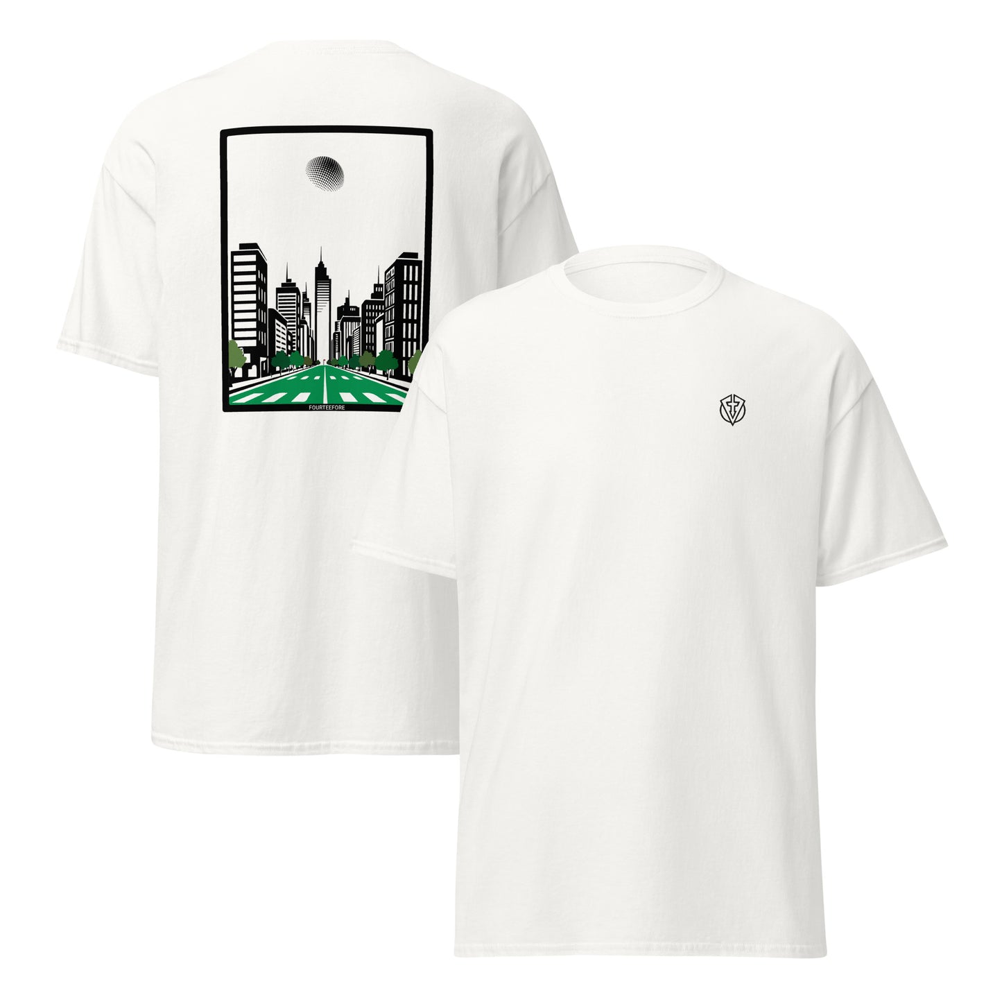 White casual everyday streewear golf t-shirt with a graphic of a cityscape and a logo on a white background by fourteefore