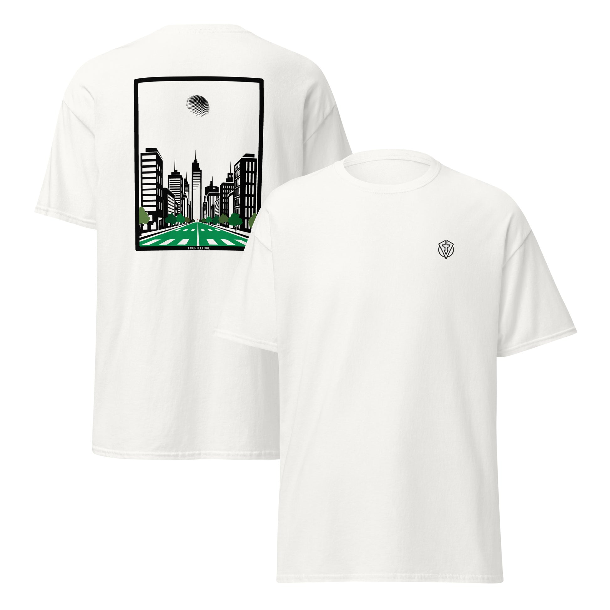 White casual everyday streewear golf t-shirt with a graphic of a cityscape and a logo on a white background by fourteefore