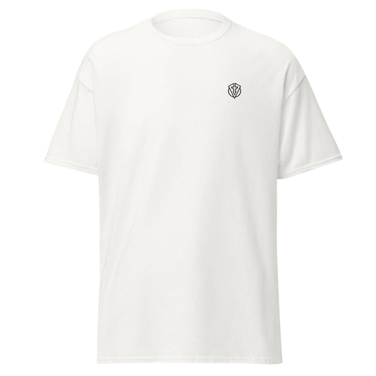 White casual everyday golf streetwear t-shirt with a small logo on the chest against a white background by Fourteefore