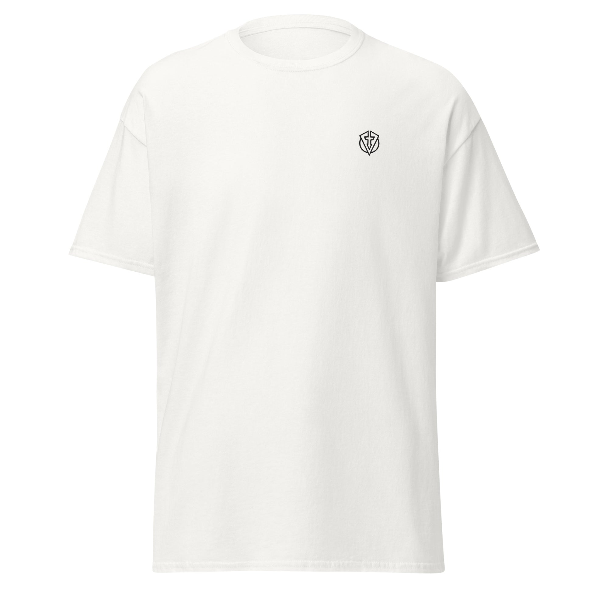 White casual everyday t-shirt with a small logo on the chest against a white background.  Bump n run by fourteefore